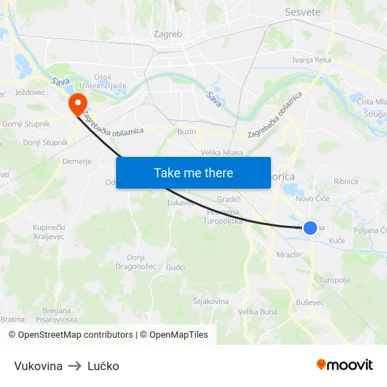 Vukovina to Lučko map