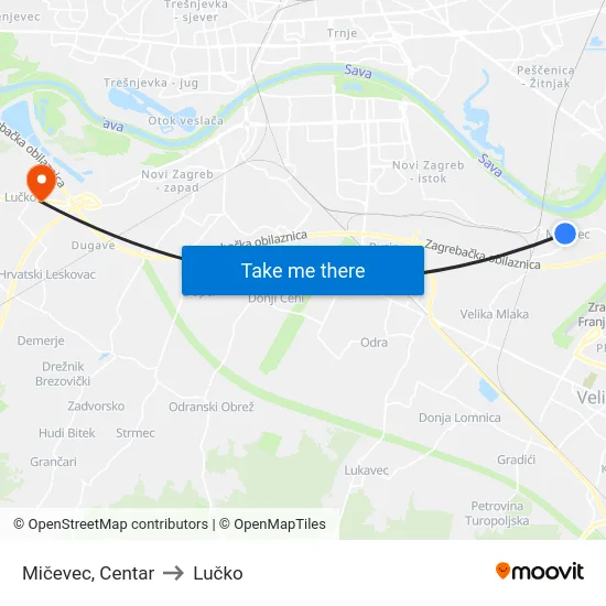 Mičevec, Centar to Lučko map