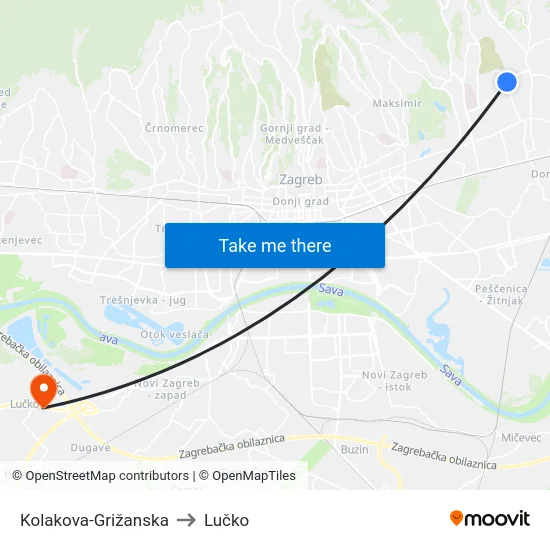 Kolakova-Grižanska to Lučko map