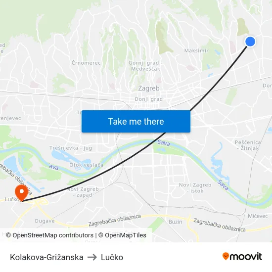 Kolakova-Grižanska to Lučko map