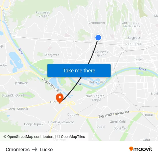 Črnomerec to Lučko map