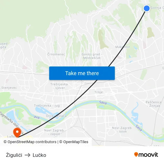 Žigulići to Lučko map