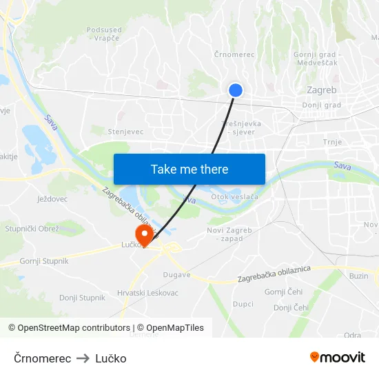 Črnomerec to Lučko map