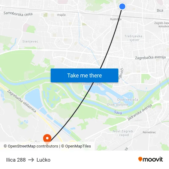 Ilica 288 to Lučko map