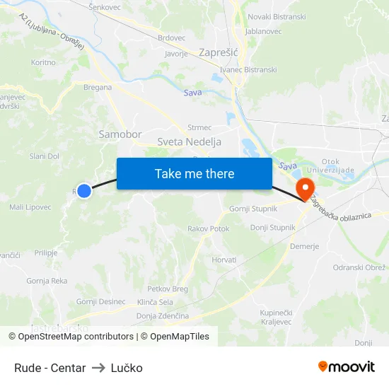 Rude - Centar to Lučko map