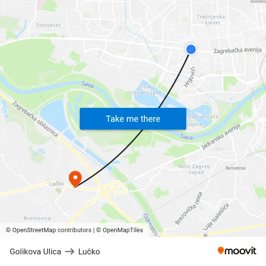 Golikova Ulica to Lučko map