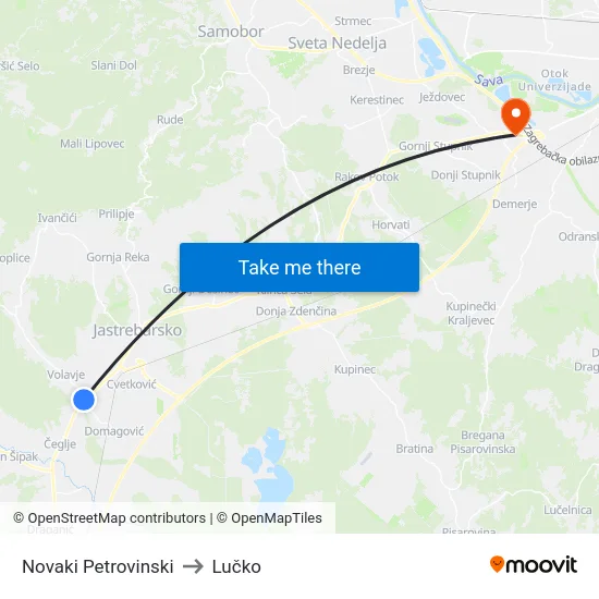 Novaki Petrovinski to Lučko map
