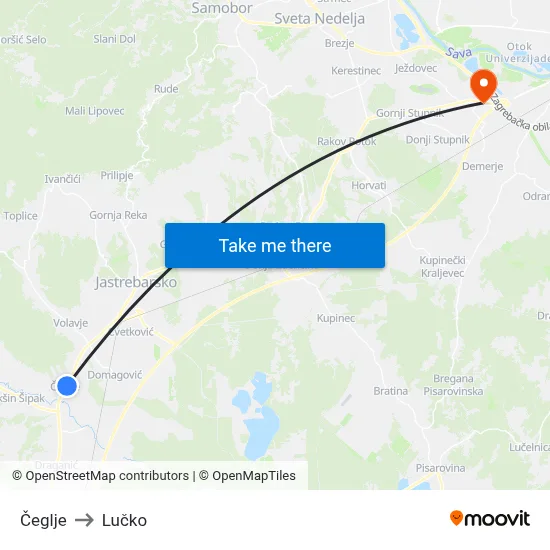 Čeglje to Lučko map