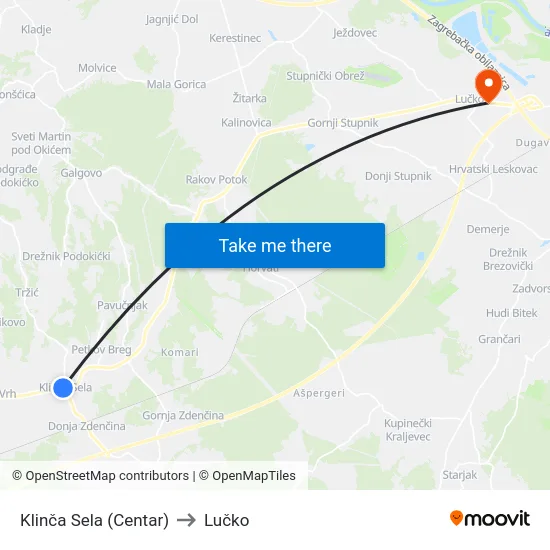Klinča Sela (Centar) to Lučko map