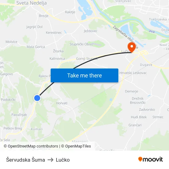 Šervudska Šuma to Lučko map