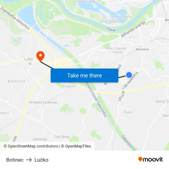 Botinec to Lučko map