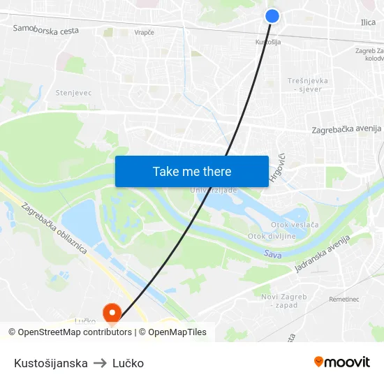Kustošijanska to Lučko map