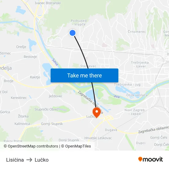 Lisičina to Lučko map