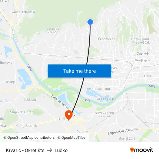 Krvarić - Okretište to Lučko map