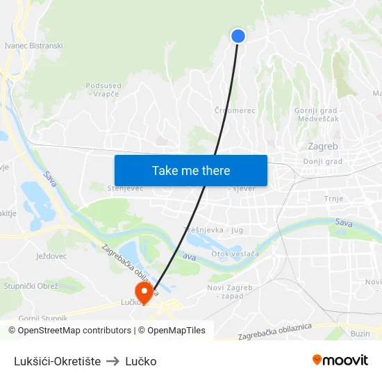 Lukšići-Okretište to Lučko map