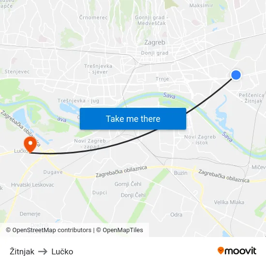 Žitnjak to Lučko map