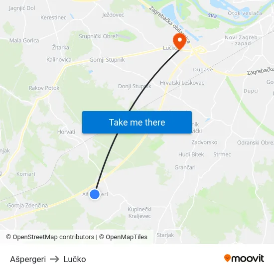 Ašpergeri to Lučko map