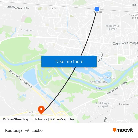 Kustošija to Lučko map