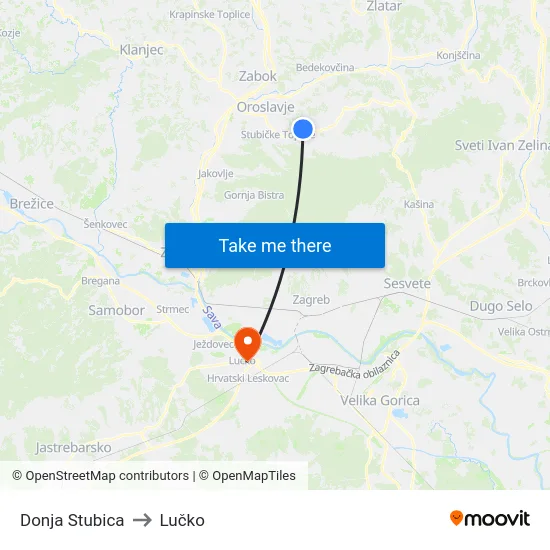 Donja Stubica to Lučko map