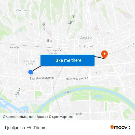 Ljubljanica to Trinom map