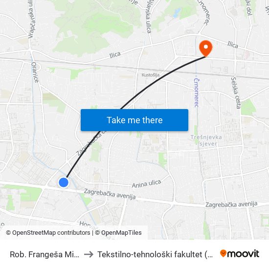 Rob. Frangeša Mih.9 to Tekstilno-tehnološki fakultet (TTF) map