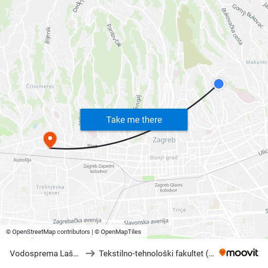 Vodosprema Lašćina to Tekstilno-tehnološki fakultet (TTF) map