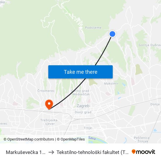 Markuševečka 140 to Tekstilno-tehnološki fakultet (TTF) map