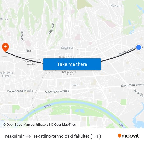 Maksimir to Tekstilno-tehnološki fakultet (TTF) map