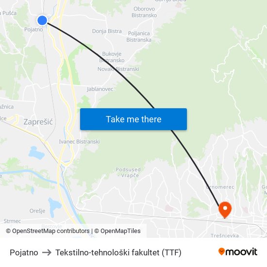 Pojatno to Tekstilno-tehnološki fakultet (TTF) map