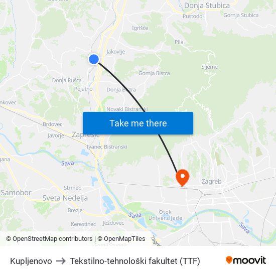 Kupljenovo to Tekstilno-tehnološki fakultet (TTF) map