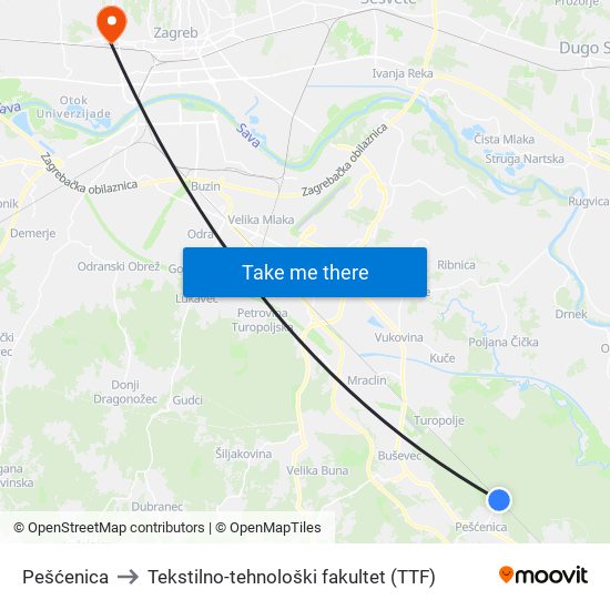 Pešćenica to Tekstilno-tehnološki fakultet (TTF) map