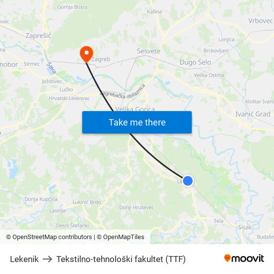 Lekenik to Tekstilno-tehnološki fakultet (TTF) map