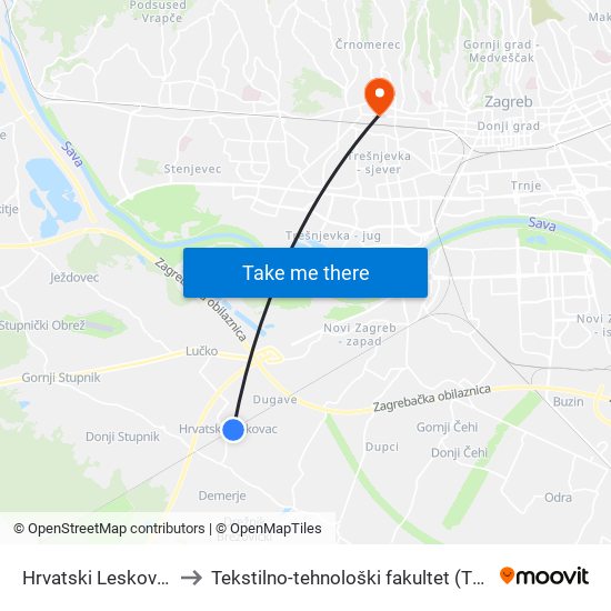 Hrvatski Leskovac to Tekstilno-tehnološki fakultet (TTF) map