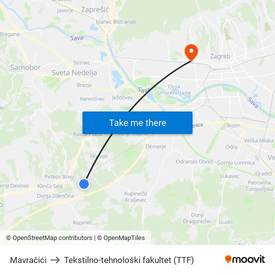 Mavračići to Tekstilno-tehnološki fakultet (TTF) map