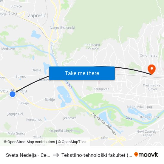 Sveta Nedelja - Centar to Tekstilno-tehnološki fakultet (TTF) map