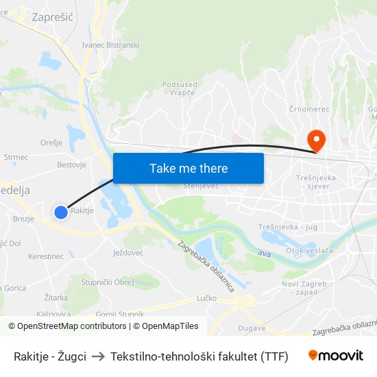 Rakitje - Žugci to Tekstilno-tehnološki fakultet (TTF) map