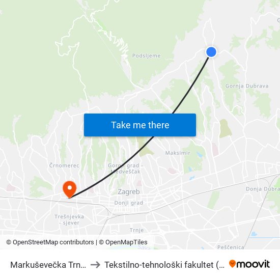 Markuševečka Trnava to Tekstilno-tehnološki fakultet (TTF) map
