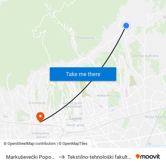 Markuševečki Popovec 62 to Tekstilno-tehnološki fakultet (TTF) map