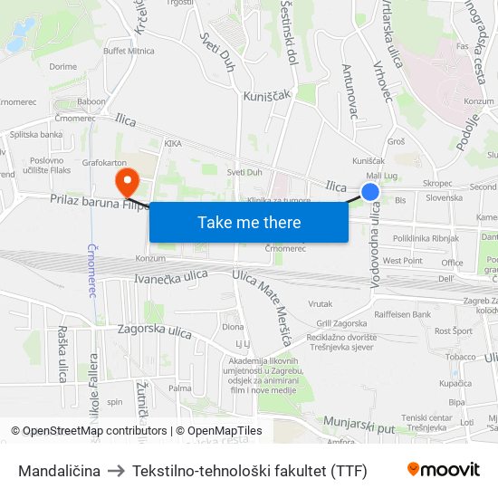 Mandaličina to Tekstilno-tehnološki fakultet (TTF) map