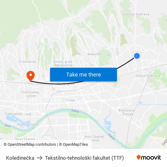 Koledinečka to Tekstilno-tehnološki fakultet (TTF) map