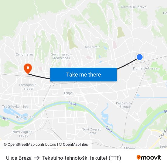 Ulica Breza to Tekstilno-tehnološki fakultet (TTF) map