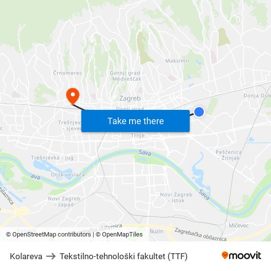 Kolareva to Tekstilno-tehnološki fakultet (TTF) map