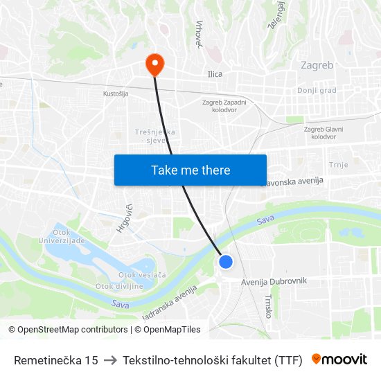 Remetinečka 15 to Tekstilno-tehnološki fakultet (TTF) map