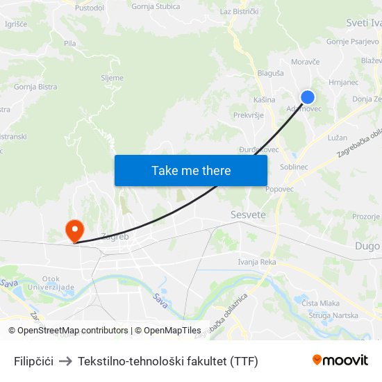 Filipčići to Tekstilno-tehnološki fakultet (TTF) map