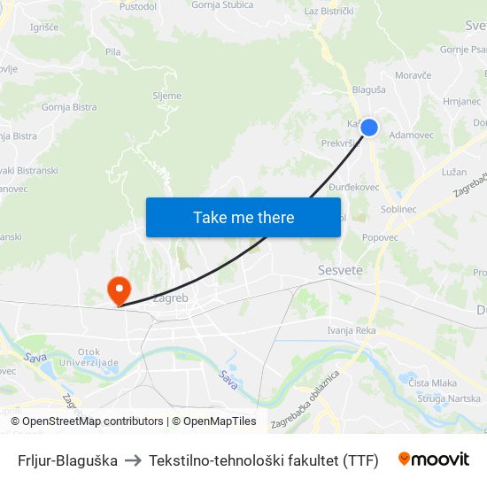 Frljur-Blaguška to Tekstilno-tehnološki fakultet (TTF) map