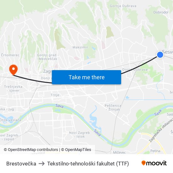 Brestovečka to Tekstilno-tehnološki fakultet (TTF) map