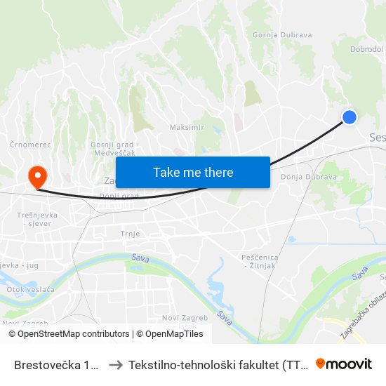 Brestovečka 100 to Tekstilno-tehnološki fakultet (TTF) map