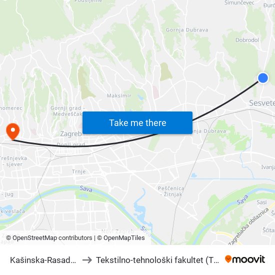 Kašinska-Rasadnik to Tekstilno-tehnološki fakultet (TTF) map