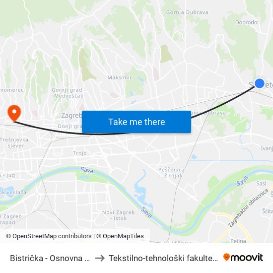 Bistrička - Osnovna Škola to Tekstilno-tehnološki fakultet (TTF) map