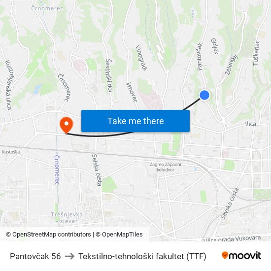 Pantovčak 56 to Tekstilno-tehnološki fakultet (TTF) map